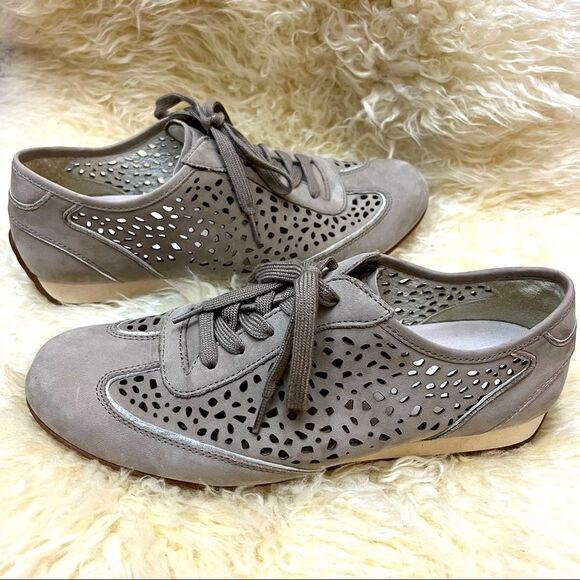 Gabor Comfort Suede Perforated Lace Up Sneakers Taupe - Picture 1 of 6
